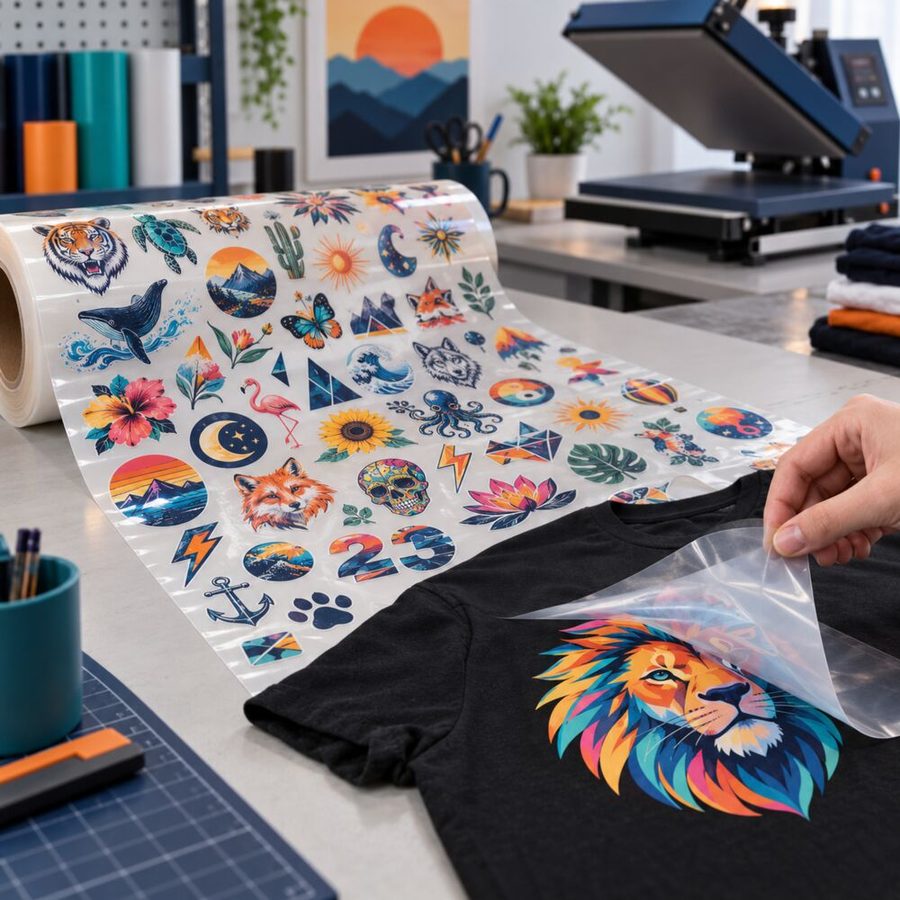 A DTF gang sheet being peeled onto a black t-shirt