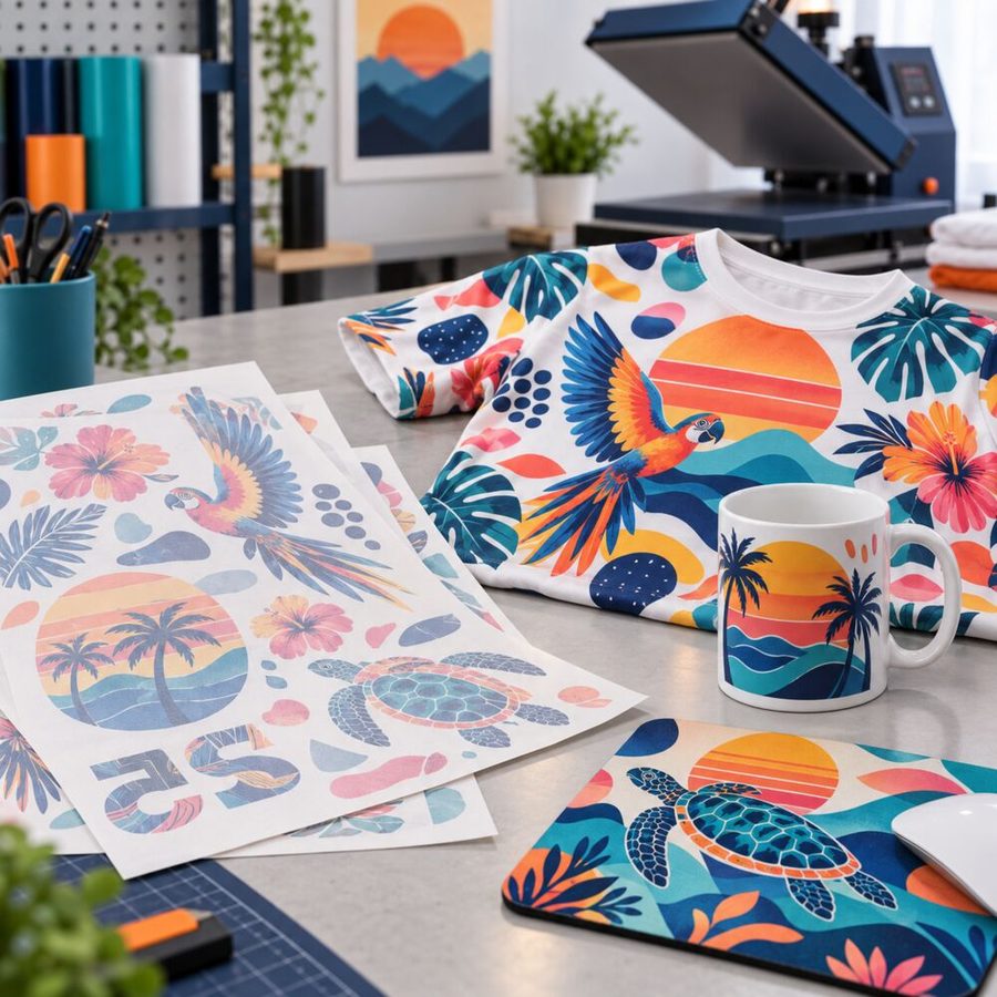 Sublimation transfer paper beside a printed polyester t-shirt, mug and mouse mat